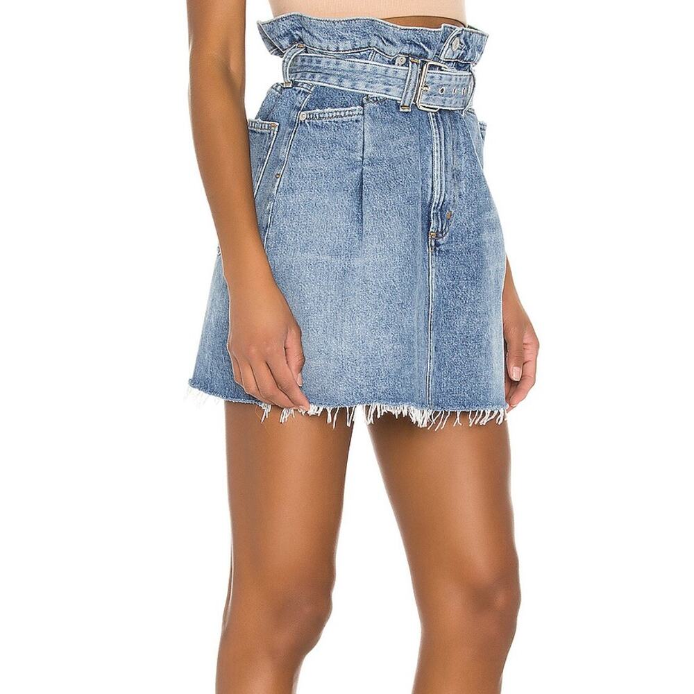 AGOLDE Reworked 90s Paperbag Waist Denim Mini Skirt Sz 30 Belted Raw Hem Revolve